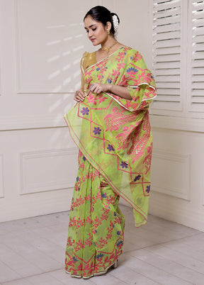 Green Tant Jamdani Saree Without Blouse Piece