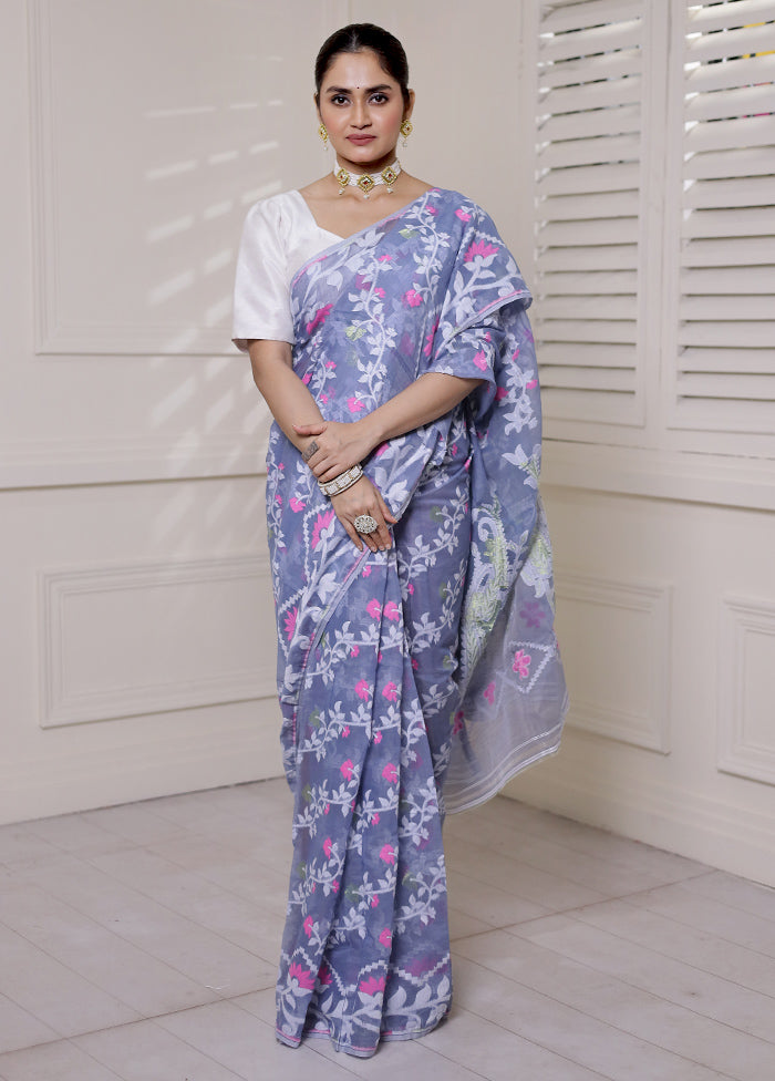 Grey Tant Jamdani Saree Without Blouse Piece