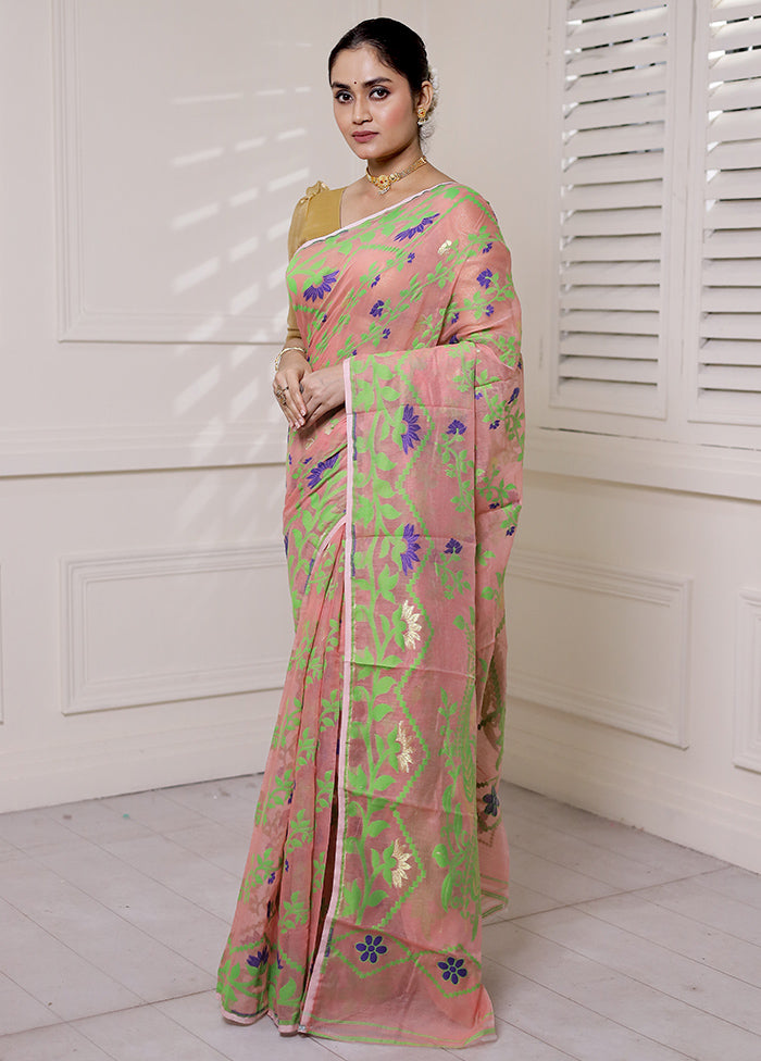 Pink Tant Jamdani Saree Without Blouse Piece