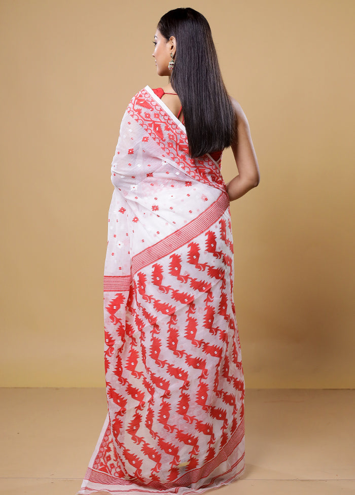 White Tant Jamdani Saree Without Blouse Piece