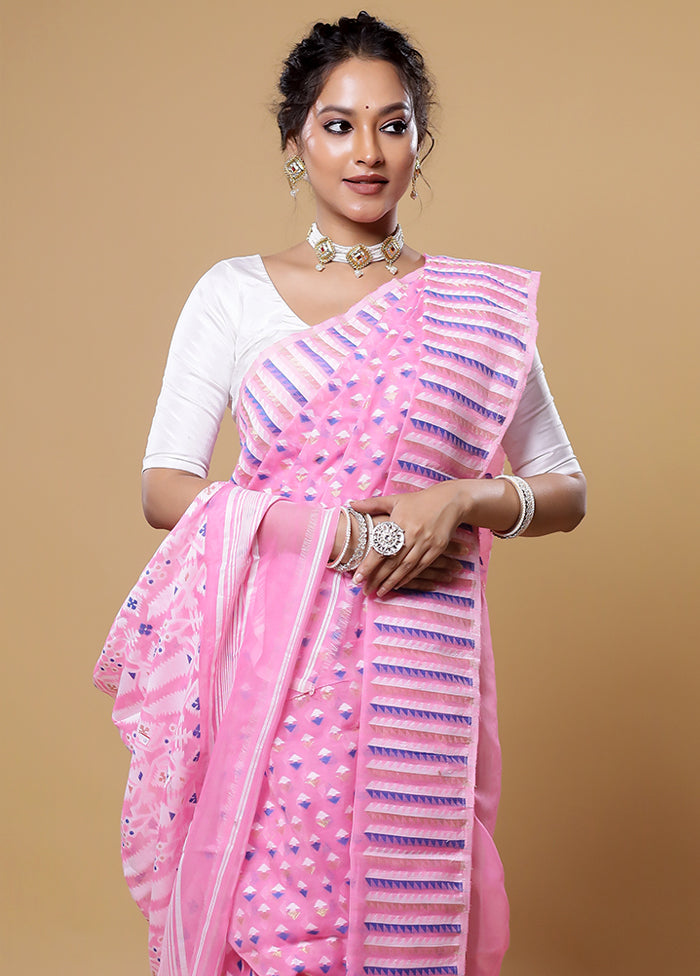 Pink Tant Jamdani Saree Without Blouse Piece