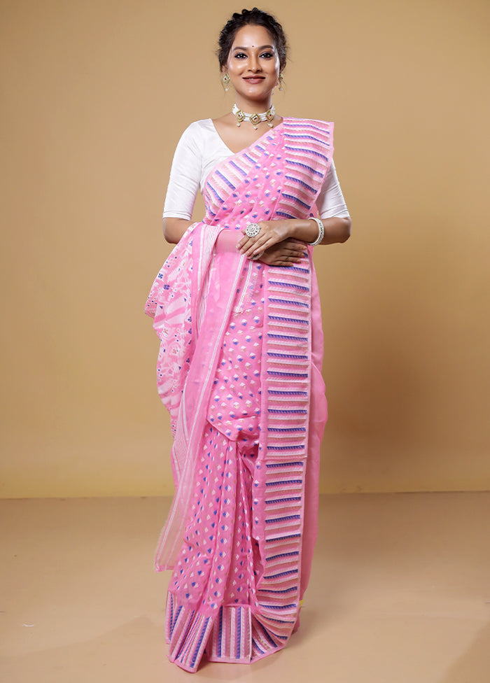 Pink Tant Jamdani Saree Without Blouse Piece