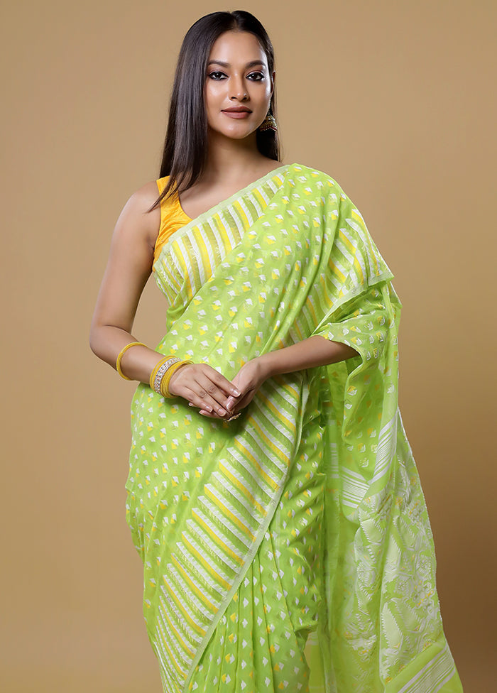 Green Tant Jamdani Saree Without Blouse Piece