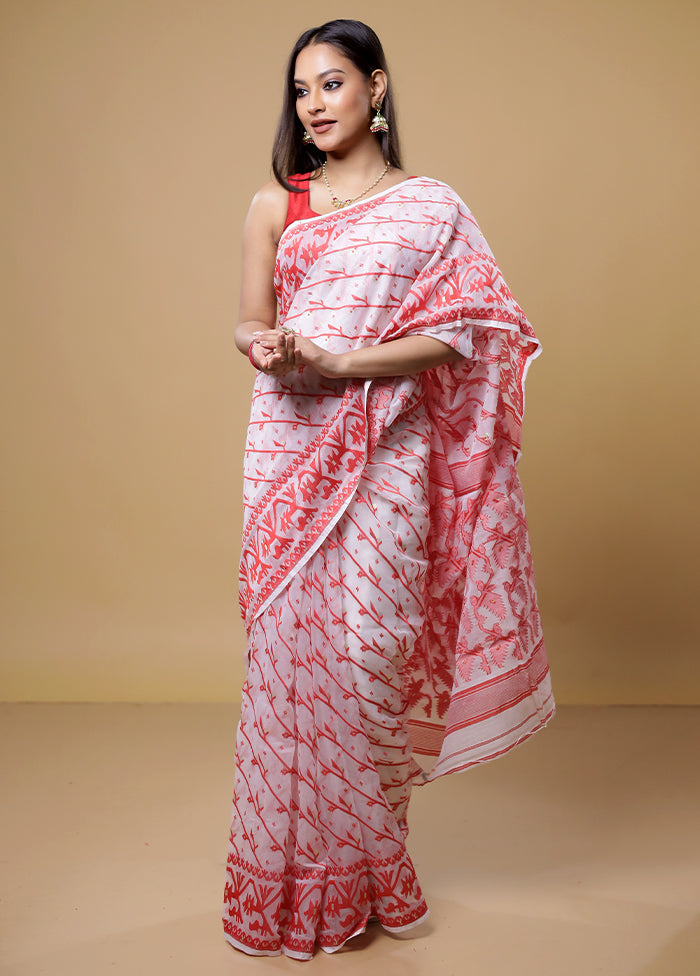 White Tant Jamdani Saree Without Blouse Piece