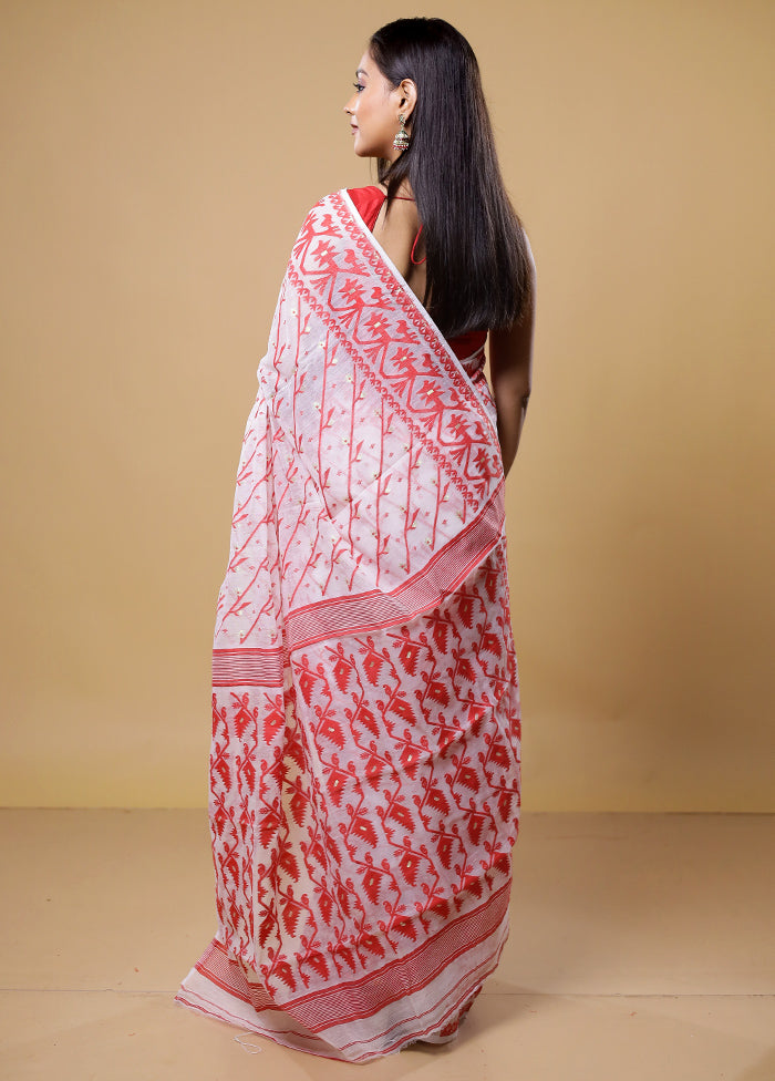 White Tant Jamdani Saree Without Blouse Piece