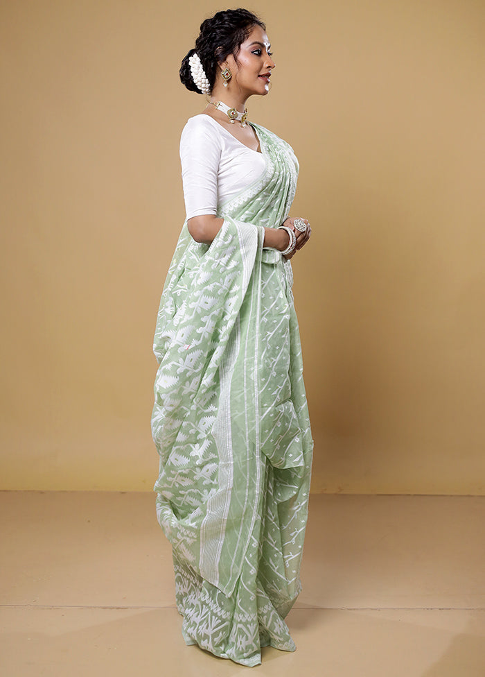 Green Tant Jamdani Saree Without Blouse Piece