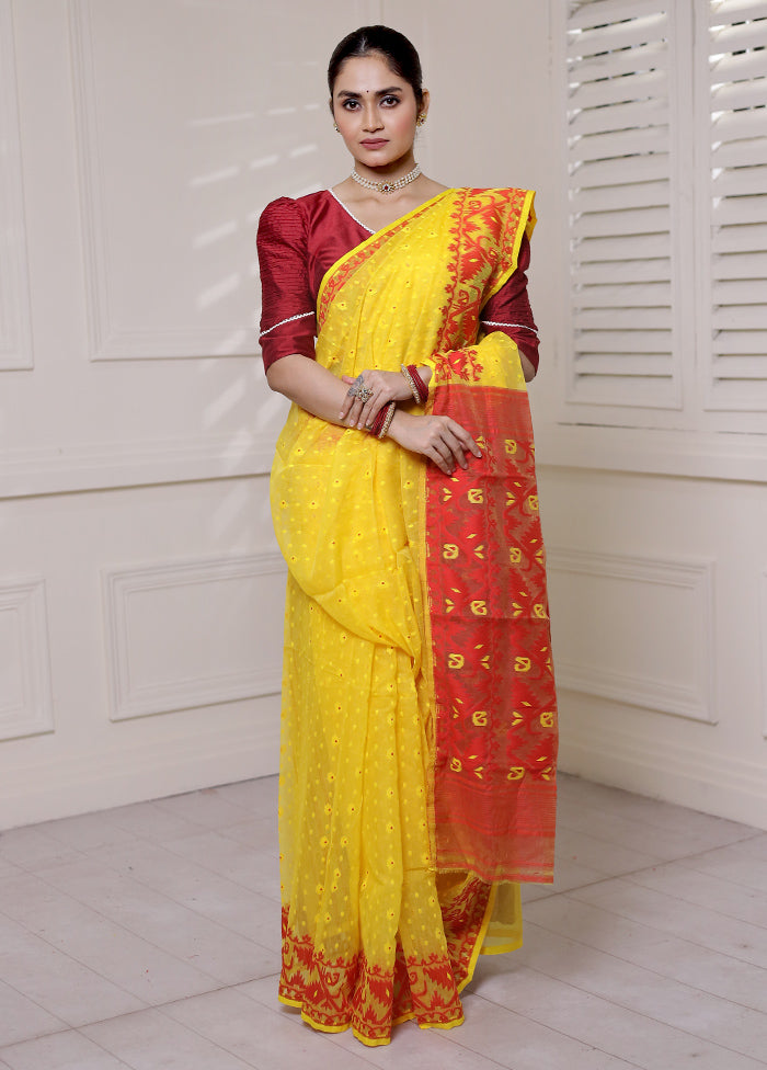 Yellow Tant Jamdani Saree Without Blouse Piece