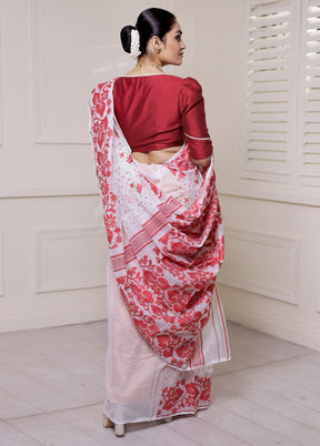 White Tant Jamdani Saree Without Blouse Piece