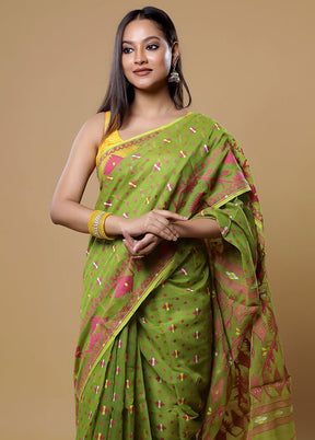 Green Tant Jamdani Saree Without Blouse Piece