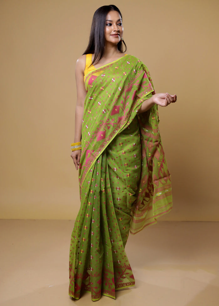 Green Tant Jamdani Saree Without Blouse Piece