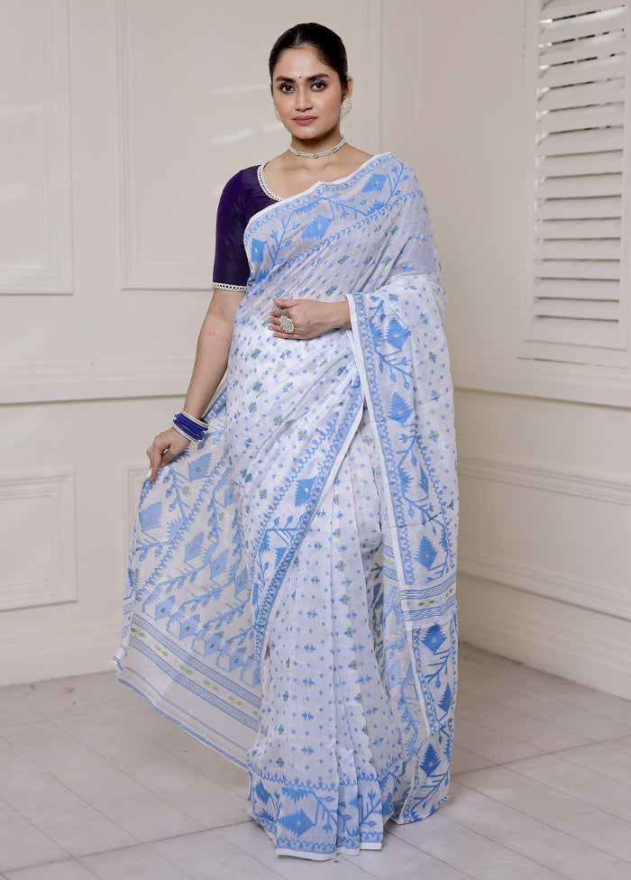 White Tant Jamdani Saree Without Blouse Piece