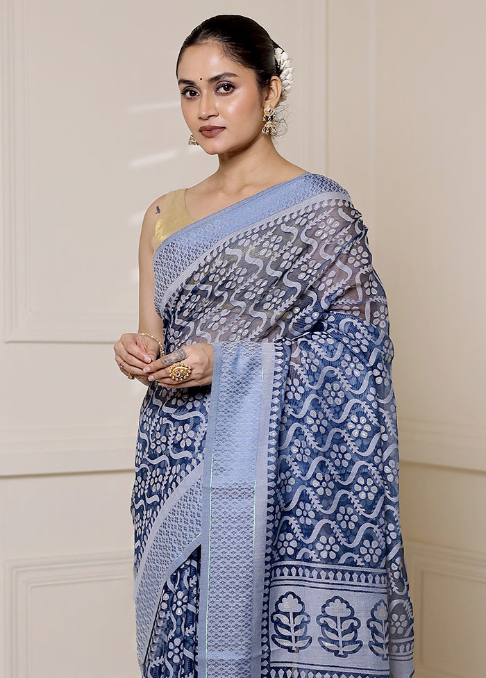 Blue Chiffon Silk Saree With Blouse Piece