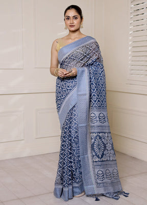 Blue Chiffon Silk Saree With Blouse Piece