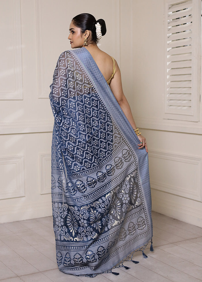 Blue Chiffon Silk Saree With Blouse Piece