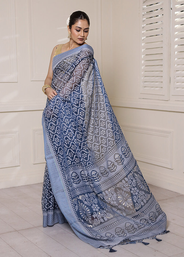 Blue Chiffon Silk Saree With Blouse Piece