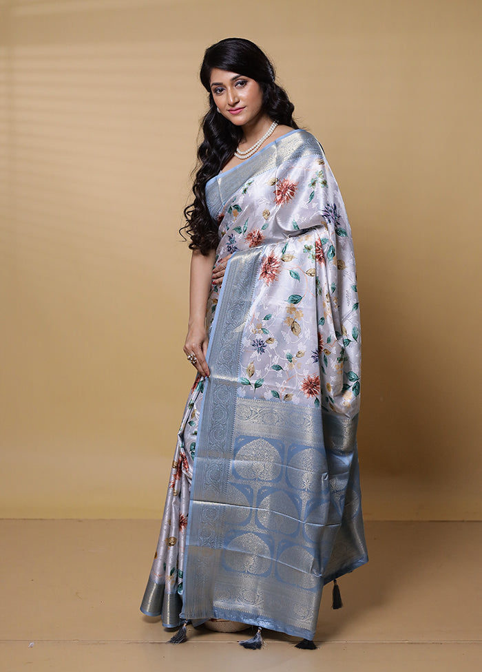 Grey Dupion Silk Saree With Blouse Piece