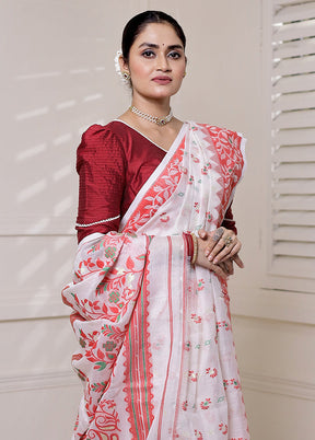 White Tant Jamdani Saree Without Blouse Piece