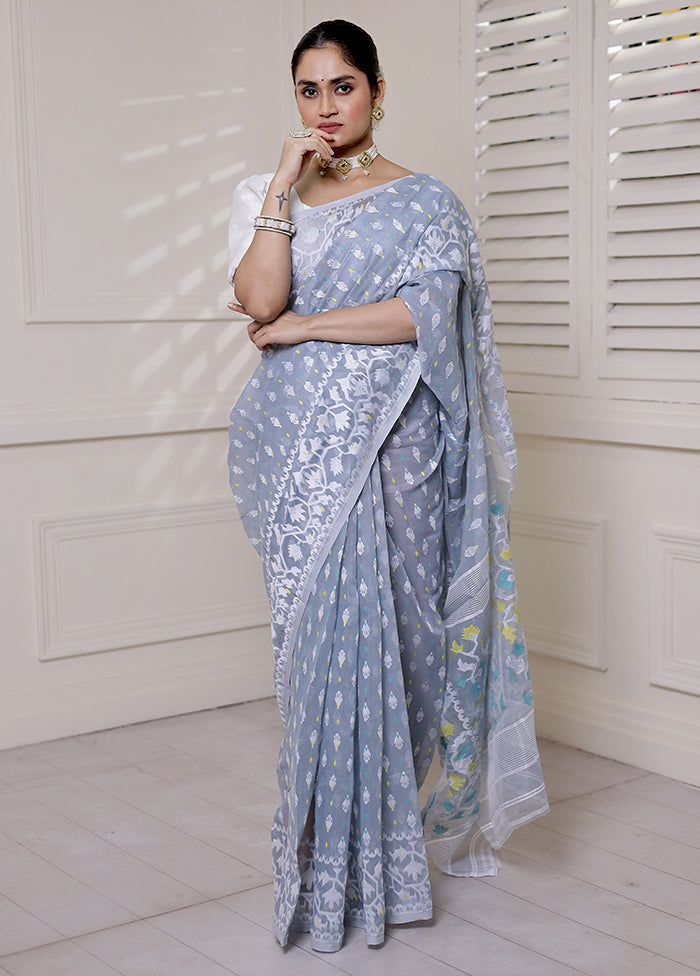 Grey Tant Jamdani Saree Without Blouse Piece