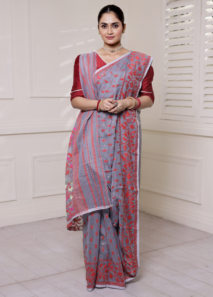 Grey Tant Jamdani Saree Without Blouse Piece