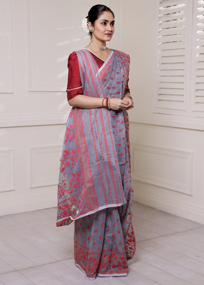 Grey Tant Jamdani Saree Without Blouse Piece