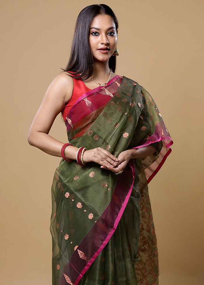 Green Tant Jamdani Saree Without Blouse Piece