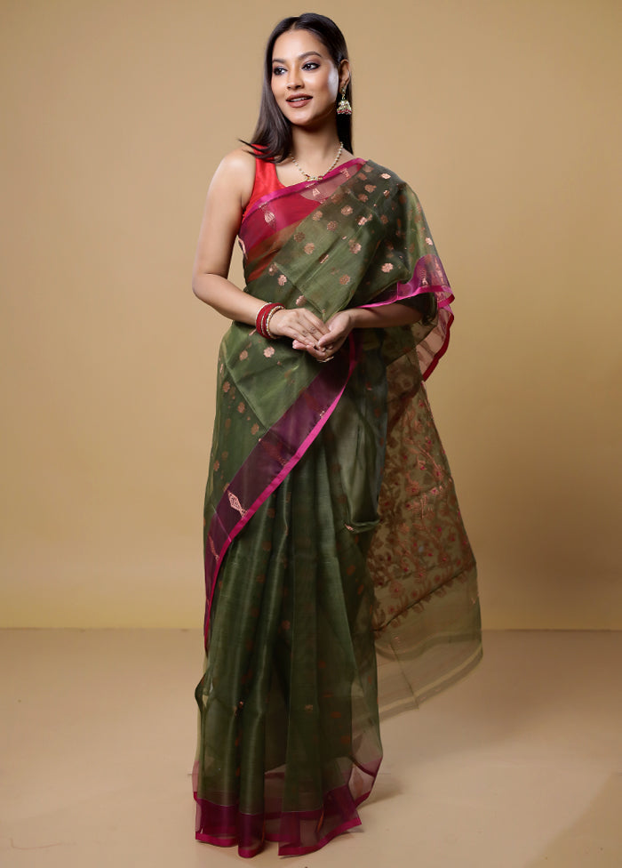 Green Tant Jamdani Saree Without Blouse Piece