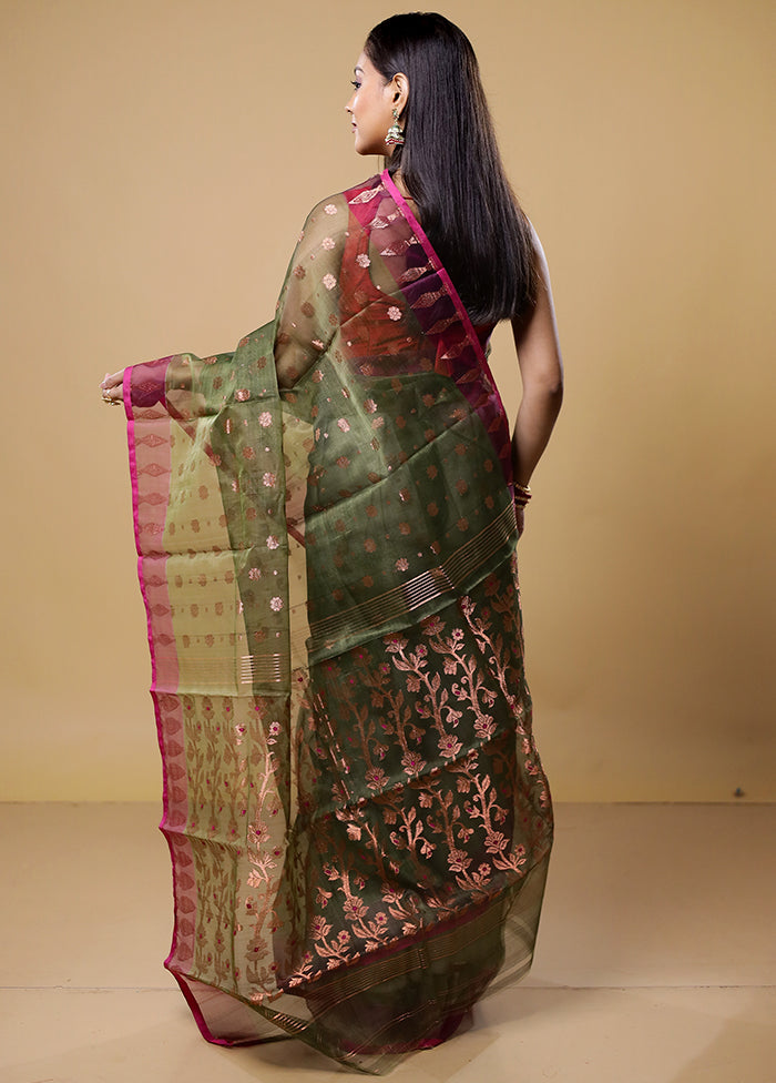 Green Tant Jamdani Saree Without Blouse Piece