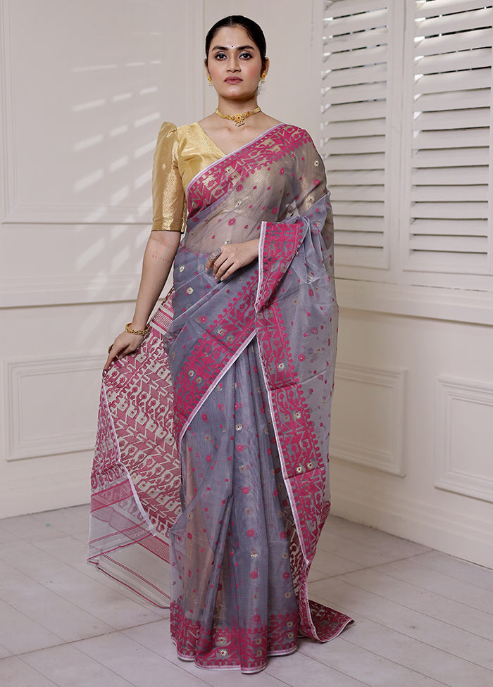 Grey Pure Tant Jamdani Saree Without Blouse Piece