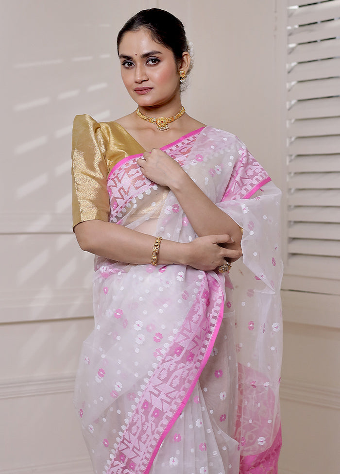 White Pure Tant Jamdani Saree Without Blouse Piece