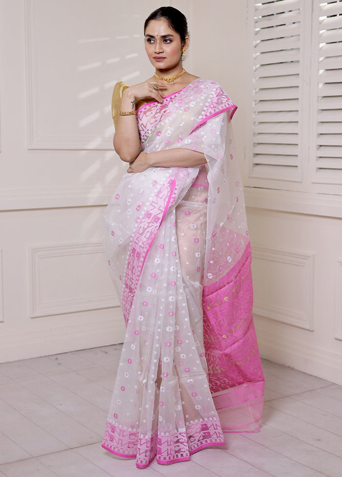 White Pure Tant Jamdani Saree Without Blouse Piece