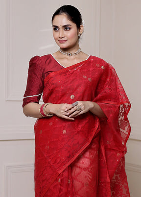 Red Pure Tant Jamdani Saree Without Blouse Piece