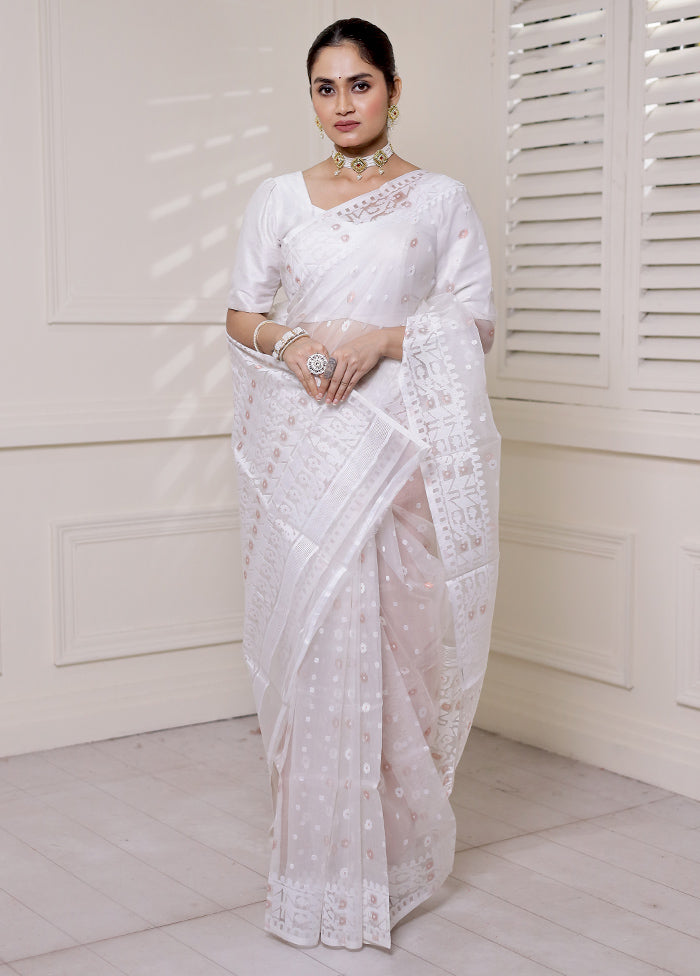 White Pure Tant Jamdani Saree Without Blouse Piece