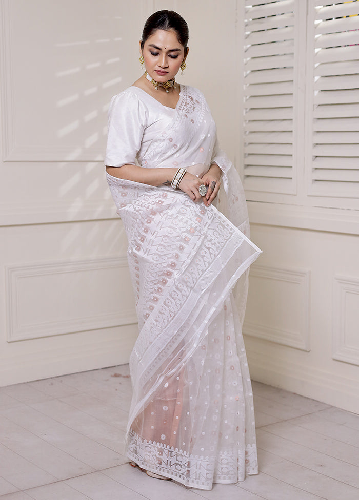 White Pure Tant Jamdani Saree Without Blouse Piece