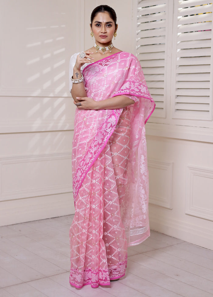 Pink Pure Tant Jamdani Saree Without Blouse Piece