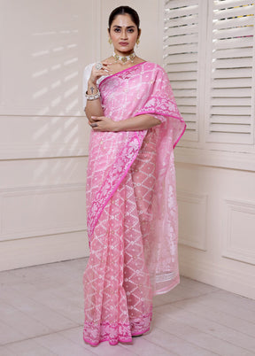 Pink Pure Tant Jamdani Saree Without Blouse Piece