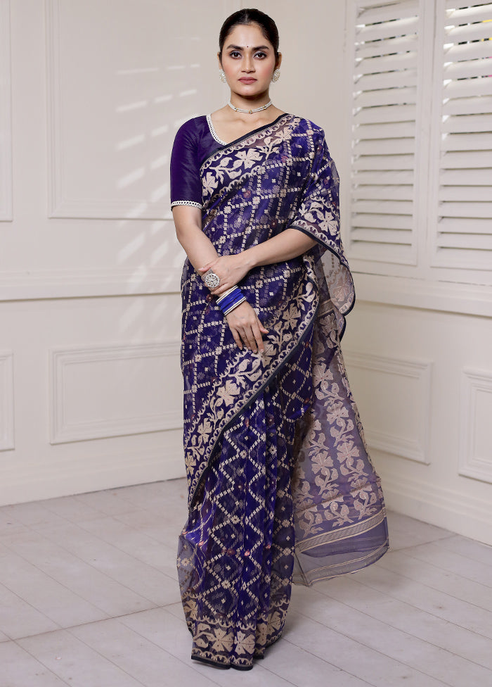 Blue Pure Tant Jamdani Saree Without Blouse Piece