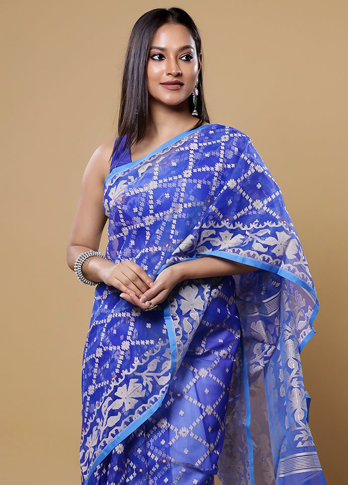 Blue Pure Tant Jamdani Saree Without Blouse Piece