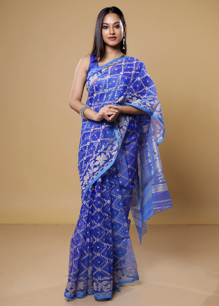 Blue Pure Tant Jamdani Saree Without Blouse Piece