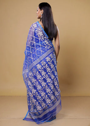 Blue Pure Tant Jamdani Saree Without Blouse Piece