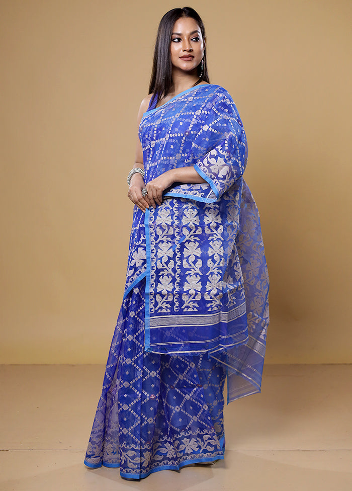 Blue Pure Tant Jamdani Saree Without Blouse Piece