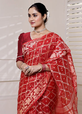 Red Pure Tant Jamdani Saree Without Blouse Piece