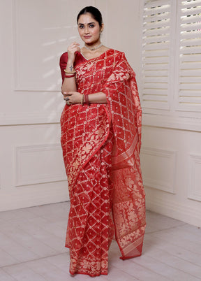 Red Pure Tant Jamdani Saree Without Blouse Piece