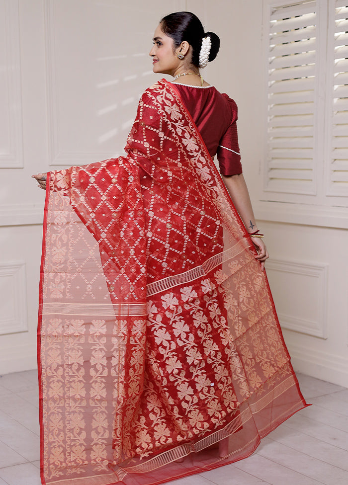 Red Pure Tant Jamdani Saree Without Blouse Piece