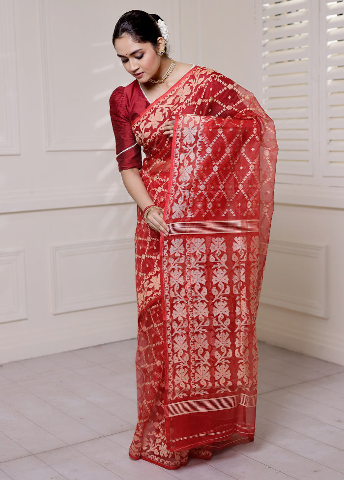 Red Pure Tant Jamdani Saree Without Blouse Piece