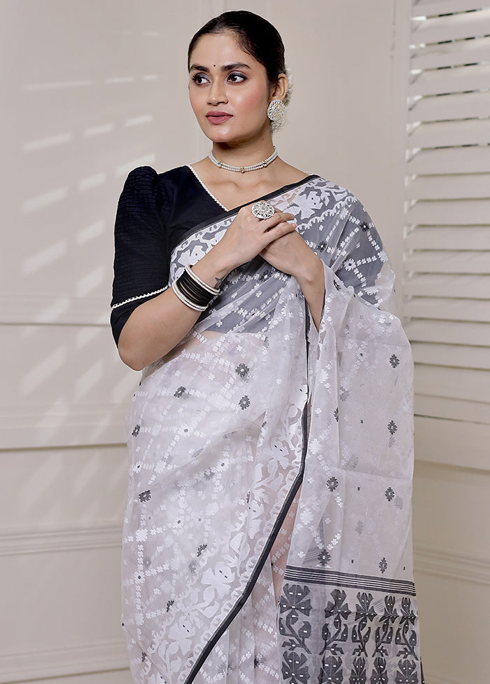 White Pure Tant Jamdani Saree Without Blouse Piece