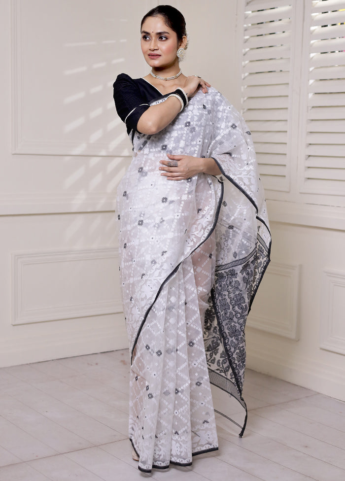 White Pure Tant Jamdani Saree Without Blouse Piece