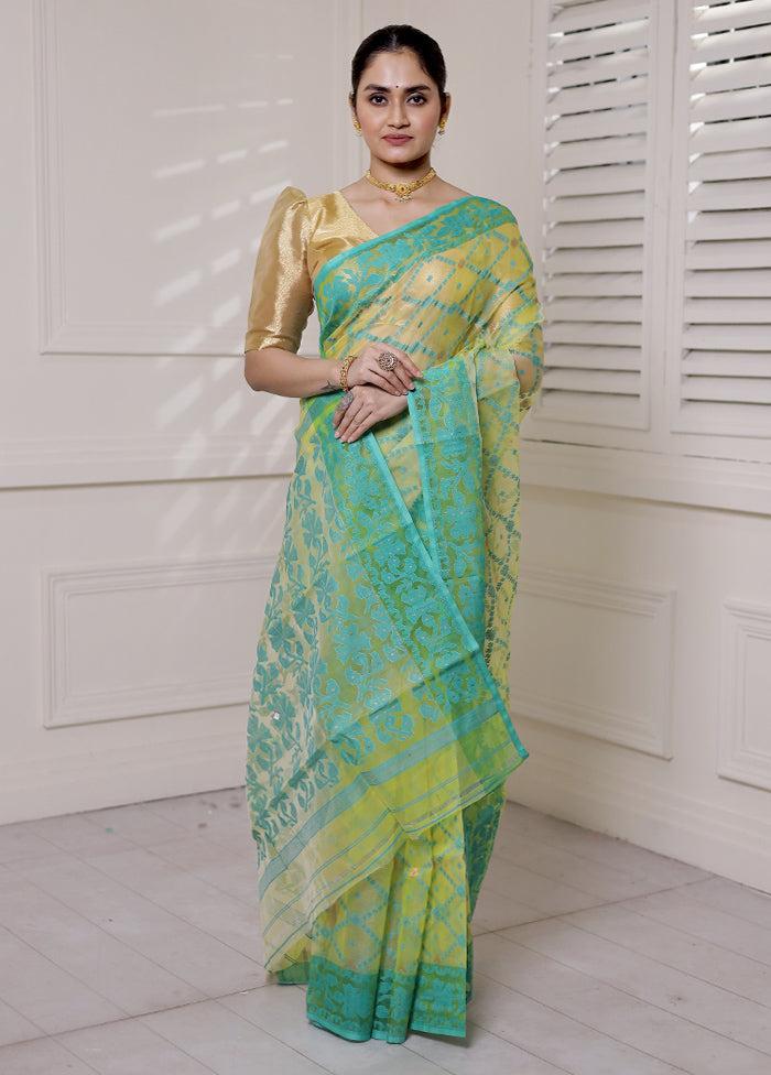 Green Pure Tant Jamdani Saree Without Blouse Piece