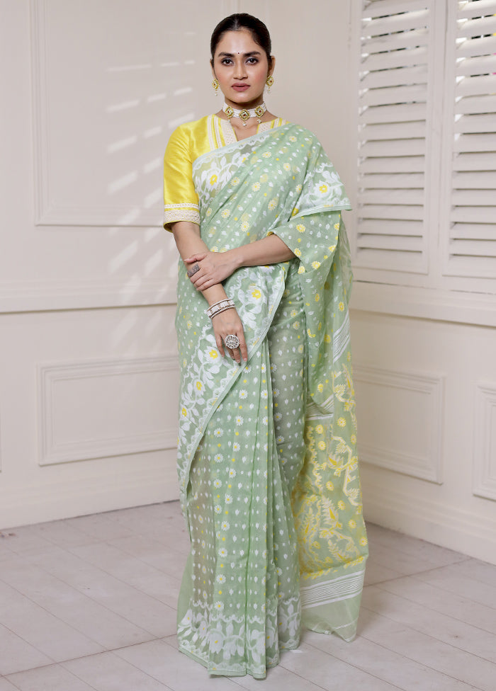 Green Cotton Saree With Blouse Piece