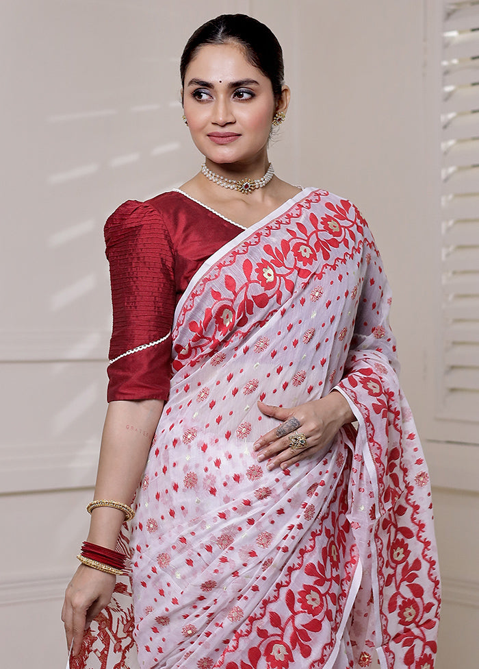 White Tant Jamdani Saree Without Blouse Piece