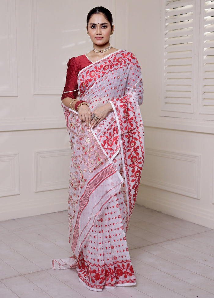 White Tant Jamdani Saree Without Blouse Piece